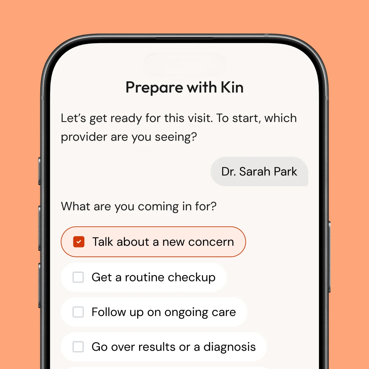 Kin visit prep screen with agenda and questions